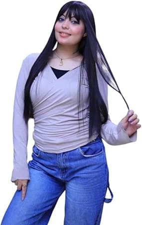 Women's long soft bang wig, black color, waist length wig.