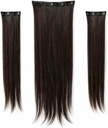 Natural hair extensions clip in dark brown long straight 3 pieces for volume.