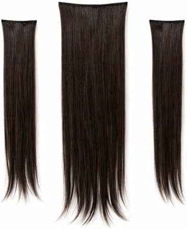 Natural hair extensions clip in dark brown long straight 3 pieces for volume.