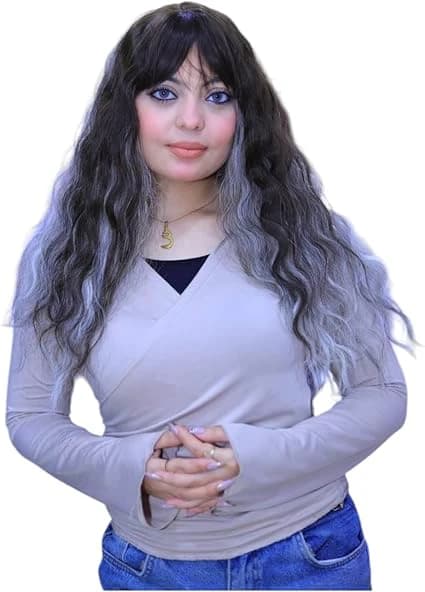 Long ombre black and silver wig with bangs natural temple wigs for women.