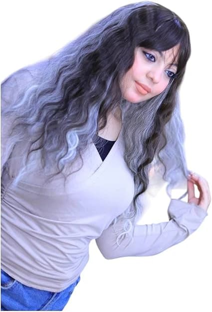 Long ombre black and silver wig with bangs natural temple wigs for women.
