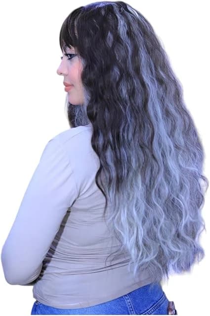 Long ombre black and silver wig with bangs natural temple wigs for women.