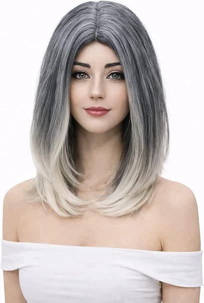 Short ombre grey and white bob wigs for women.
