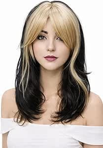 Black and gold long wavy wig with bangs for women.