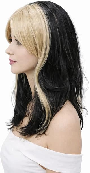 Black and gold long wavy wig with bangs for women.