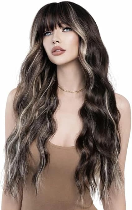 Long wavy brown wig with blonde highlights and bangs for women.
