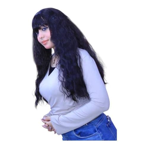 باروكة متوسطة الطول للنساء مصنوعة من ألياف حرارية باللون الأزرق الداكن مع غرتين 