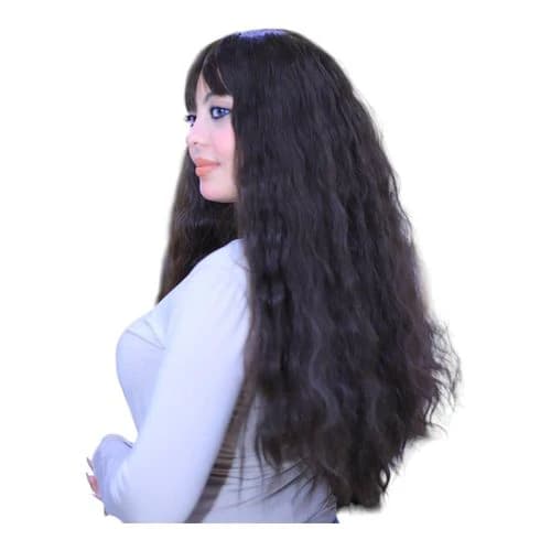 Medium length brown wavy wig with bangs on the forehead