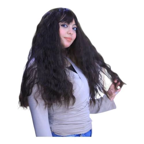 Medium length brown wavy wig with bangs on the forehead