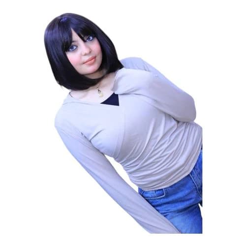 Dark blue curly wig with bangs on the forehead