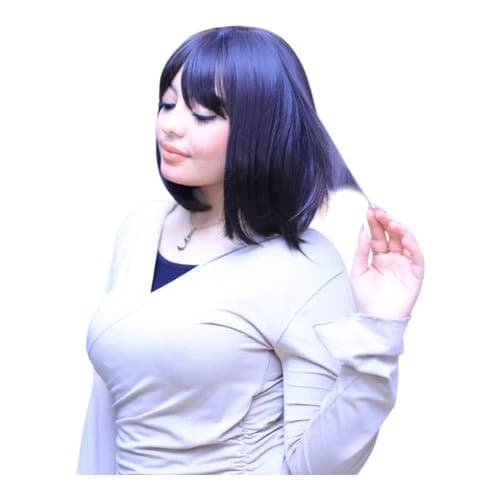 A short wig for women made of thermal fiber in dark blue with bangs on the foreh