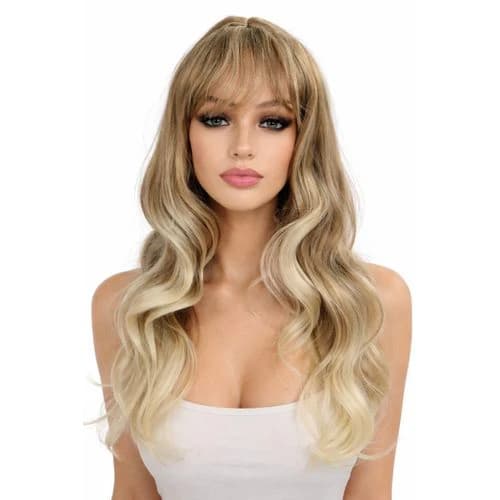 باروكة شقراء مموجة متوسطة الطول مع بغرة على الجبهة
