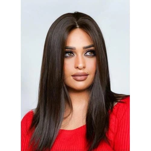 Brown straight wig from thermal fiber