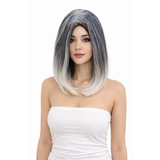 A short wig for women made of gray thermal fiber with blonde ends