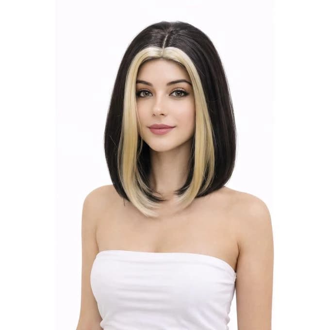 Short straight brown wig with two blonde highlights