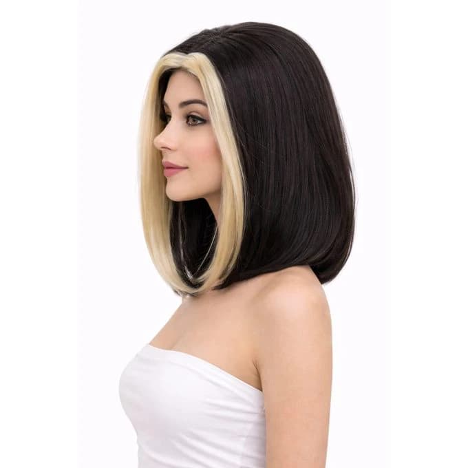 A short brown wig for women made of thermal fiber with two blond highlights