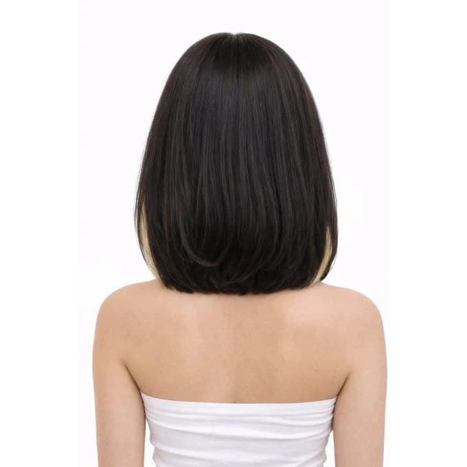 A short brown wig for women made of thermal fiber with two blond highlights