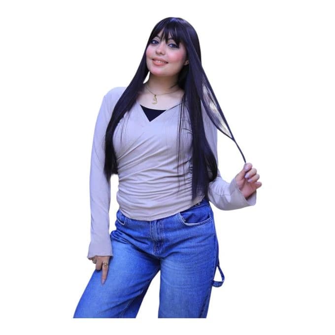 Long straight wig for women made of thermal fiber in dark blue with bangs 