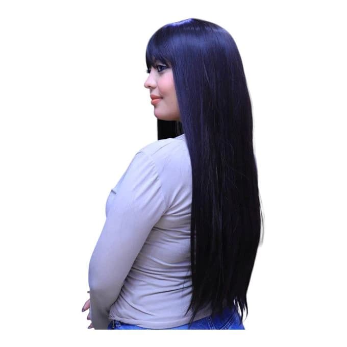 Long straight wig for women made of thermal fiber in dark blue with bangs 
