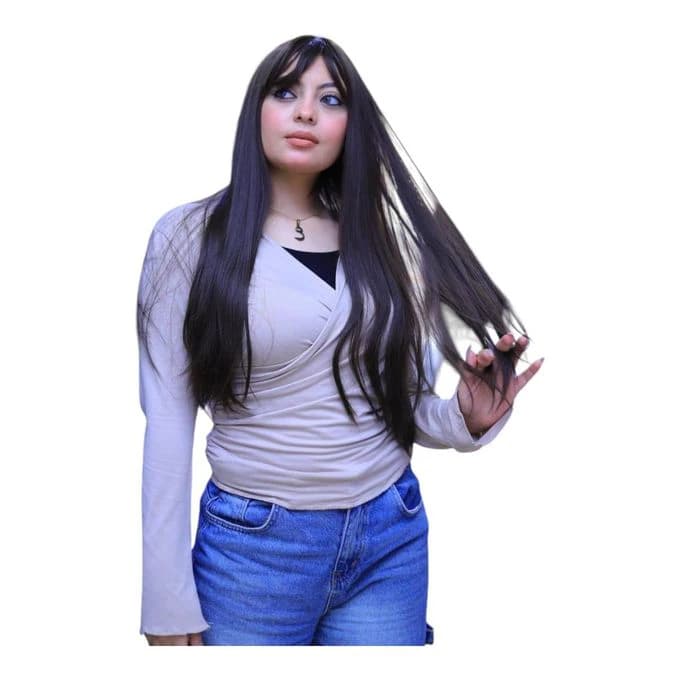 باروكة بنية داكنة مصنوعة من ألياف حرارية مع غرة على الجبهة