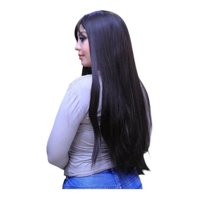 A long straight wig for women made of thermal fiber in dark brown with bangs 