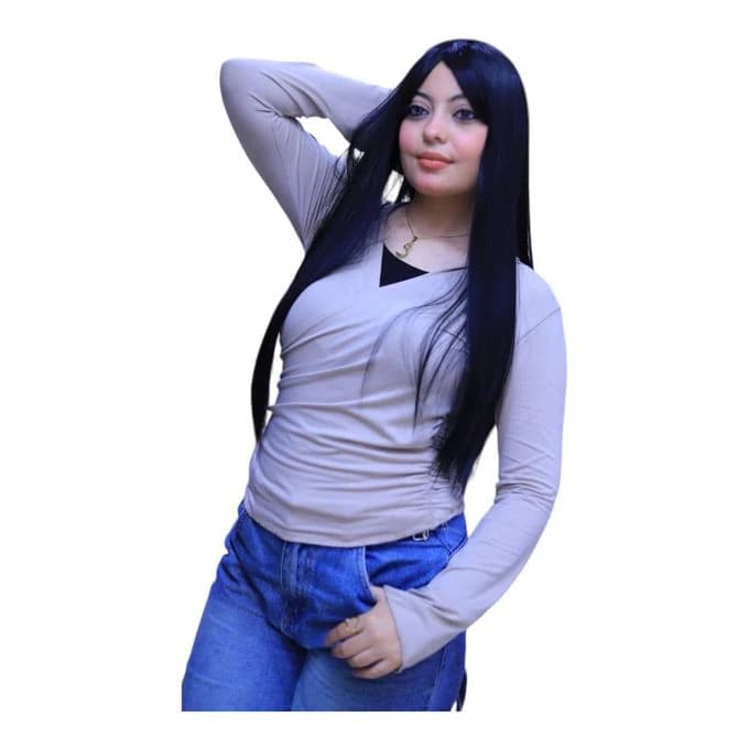Long wig for women made of thermal fiber in dark blue with bangs on both sides