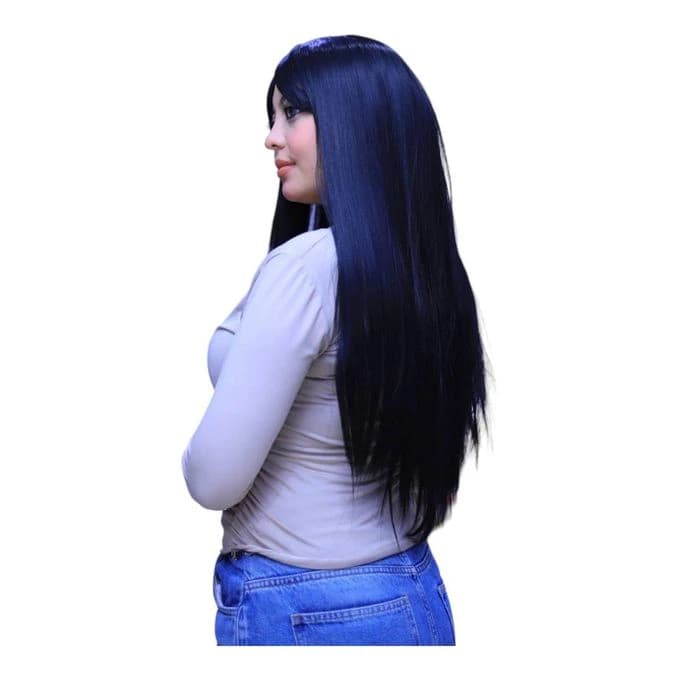Long wig for women made of thermal fiber in dark blue with bangs on both sides