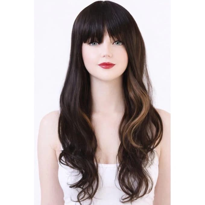 Dark brown wig with golden brown highlights