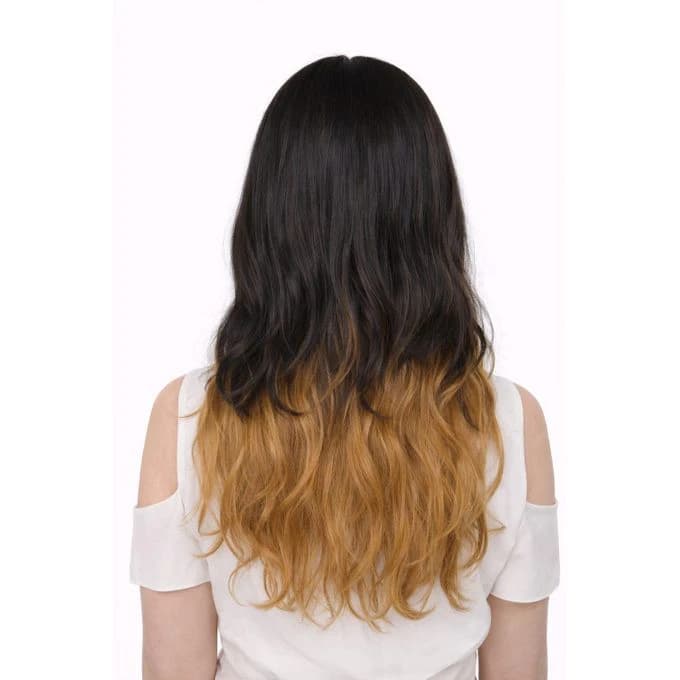 Black wig with dark blonde ends with bangs on the sides