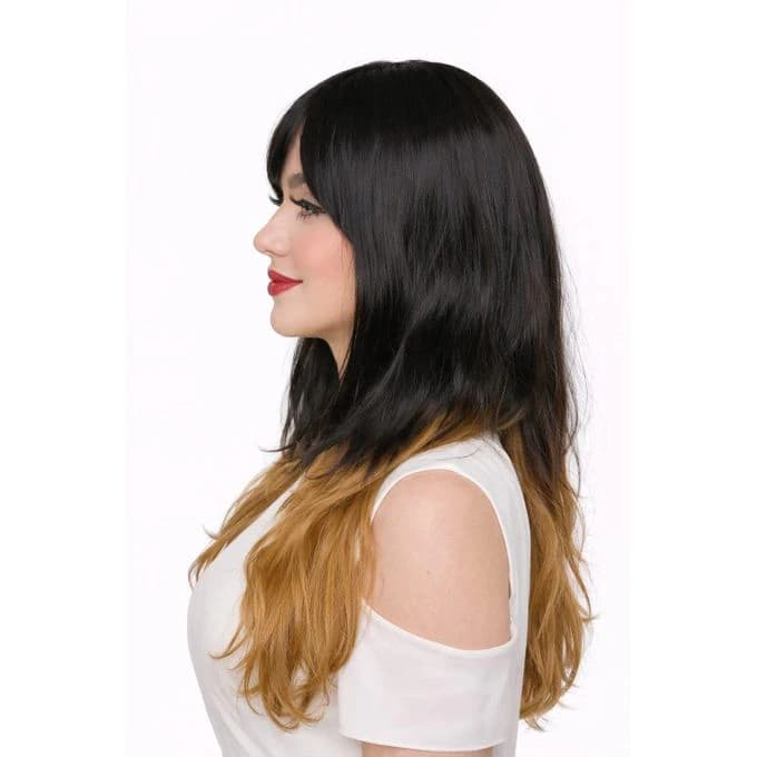 Black wig with dark blonde ends with bangs on the sides