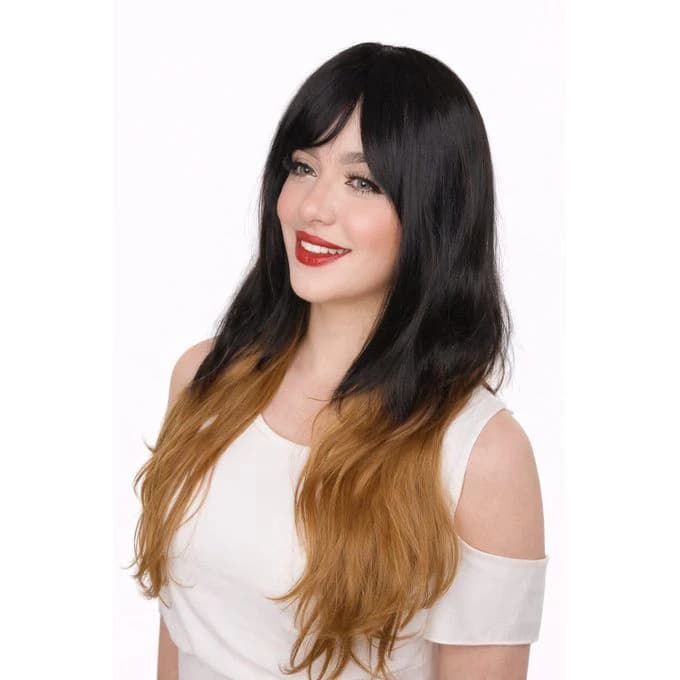 A medium-length wig for women, made of black thermal fiber