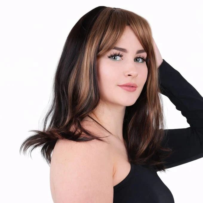 Black wig with golden brown highlights and bangs on the sides