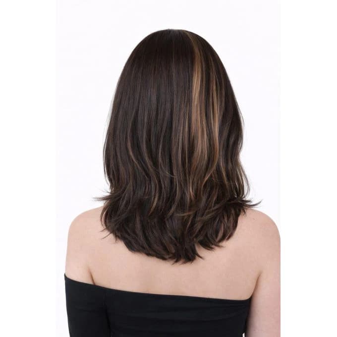 A short wig for women made of black thermal fiber with golden brown highlights