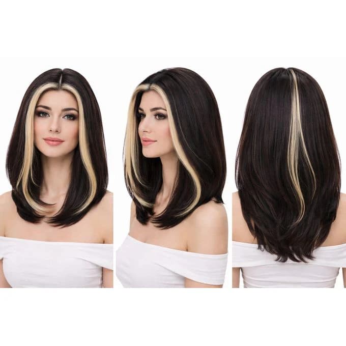 A medium-length wig for women made of black thermal fiber with two blond strands