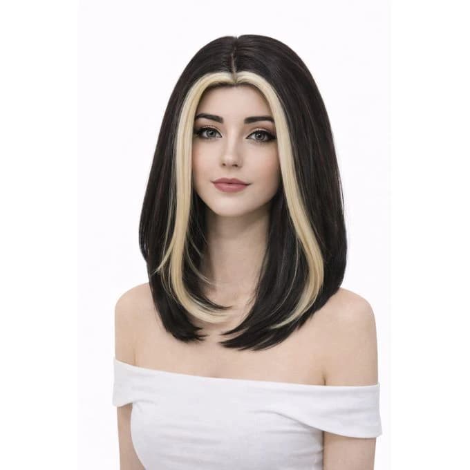 A medium-length wig for women made of black thermal fiber with two blond strands