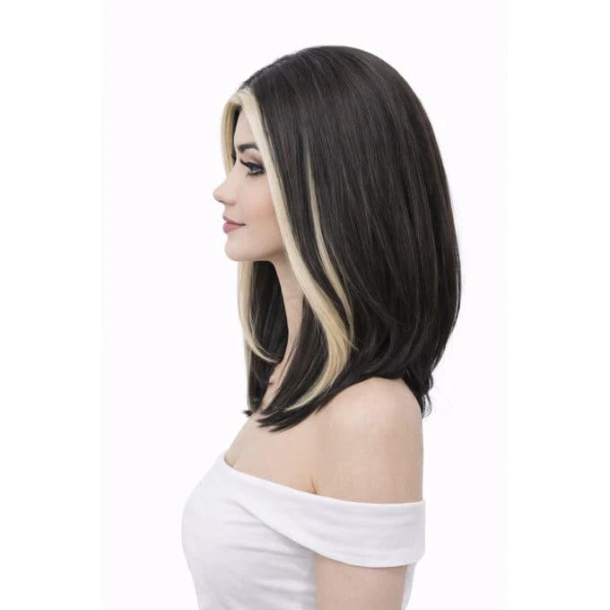 A medium-length wig for women made of black thermal fiber with two blond strands