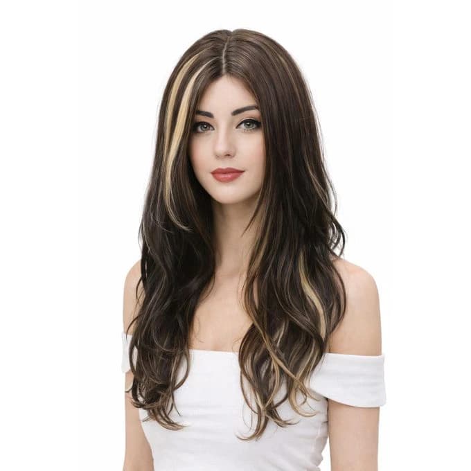 A medium-length wig for women made of brown thermal fiber with blonde highlights