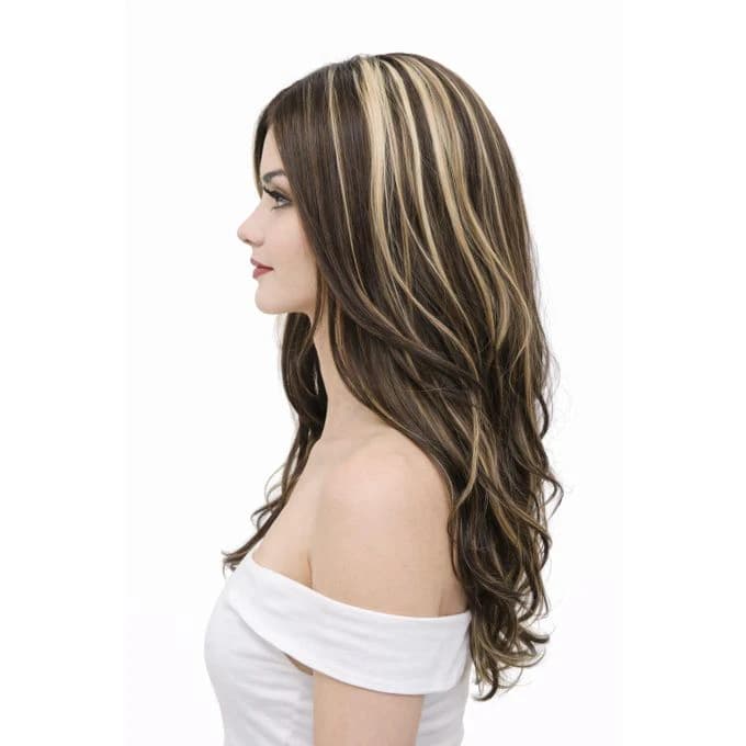 A medium-length wig for women made of brown thermal fiber with blonde highlights