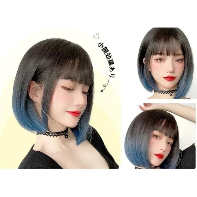 باروكة قصيرة مستقيمة للنساء مصنوعة من ألياف حرارية باللون البني مع أطراف زرقاء 
