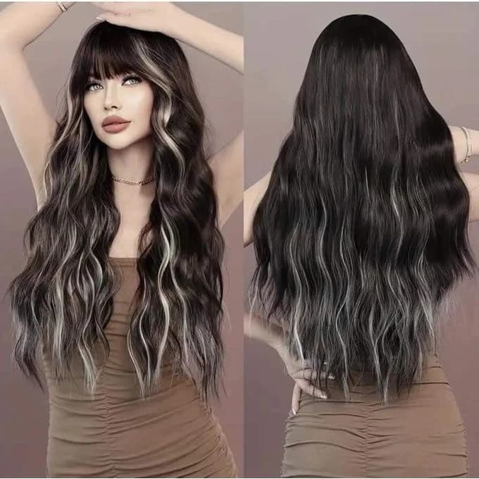 Brown thermal fiber wig with blonde highlights and front bangs on the forehead