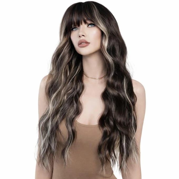 Brown thermal fiber wig with blonde highlights and front bangs on the forehead
