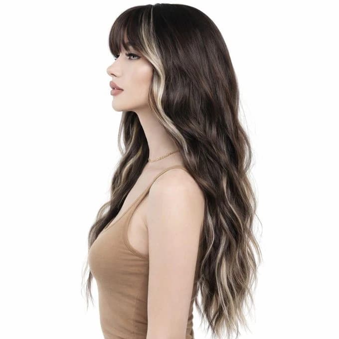 Brown thermal fiber wig with blonde highlights and front bangs on the forehead