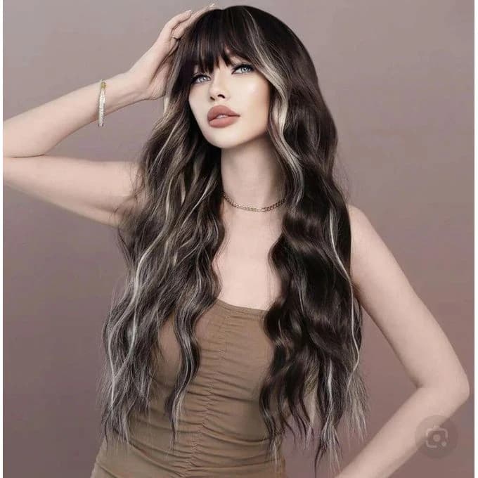 A medium-length wig for women, made of brown thermal fiber, with highlighted 