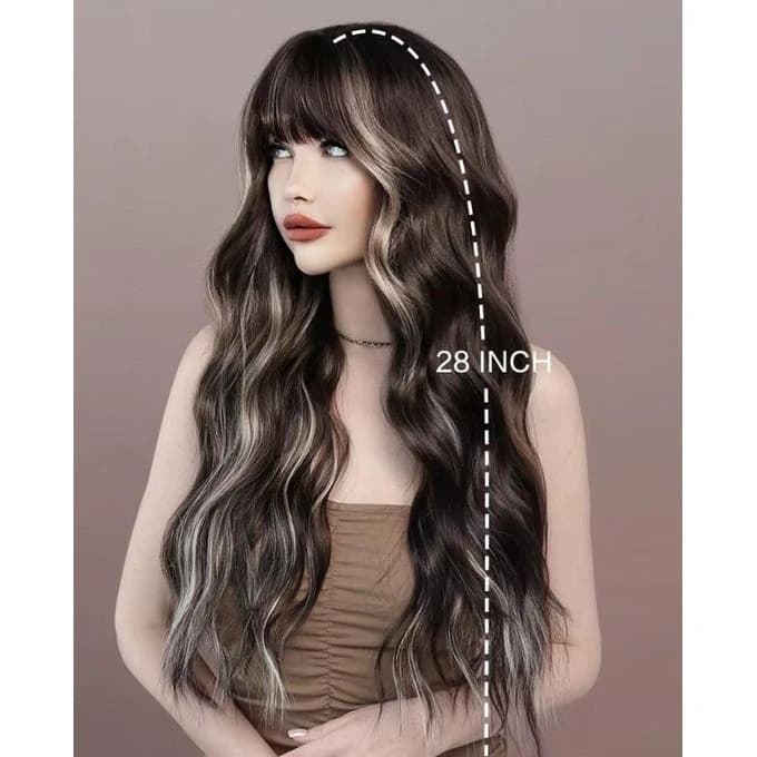 A medium-length wig for women, made of brown thermal fiber, with highlighted 