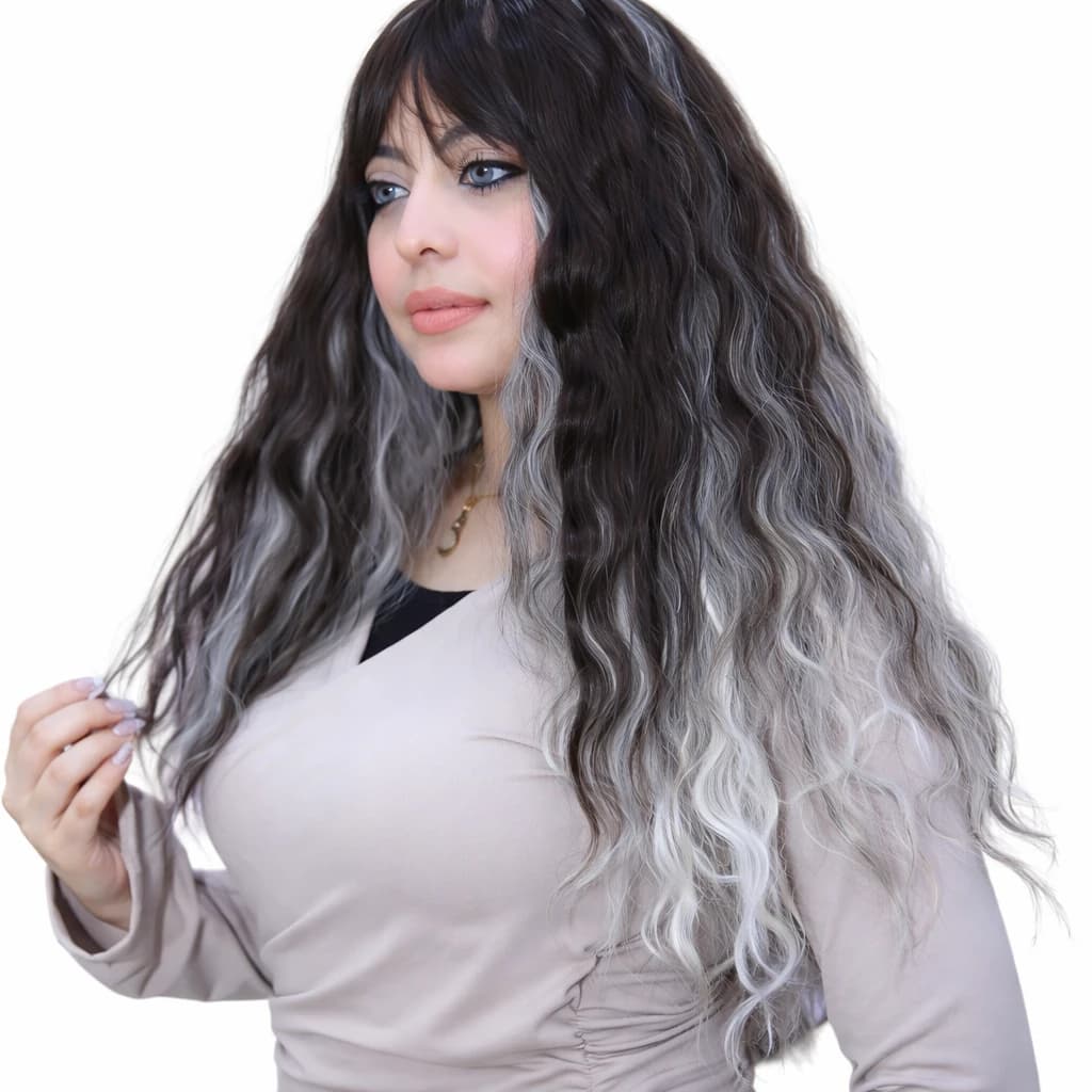 A medium-length wig for women made of black thermal fiber, with gray highlights 