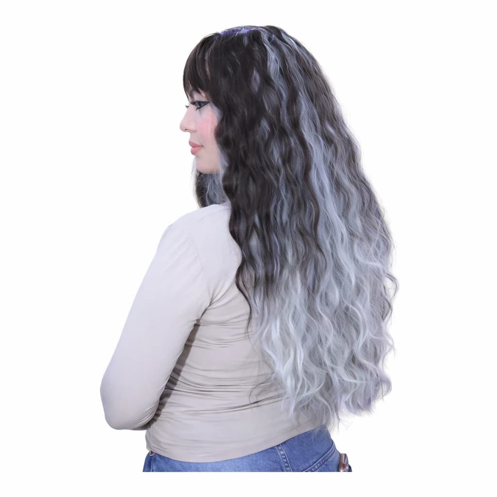 A medium-length wig for women made of black thermal fiber, with gray highlights 
