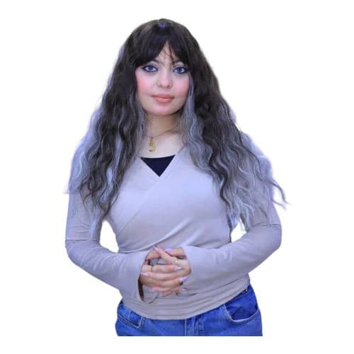 A medium-length wig for women made of black thermal fiber, with gray highlights 