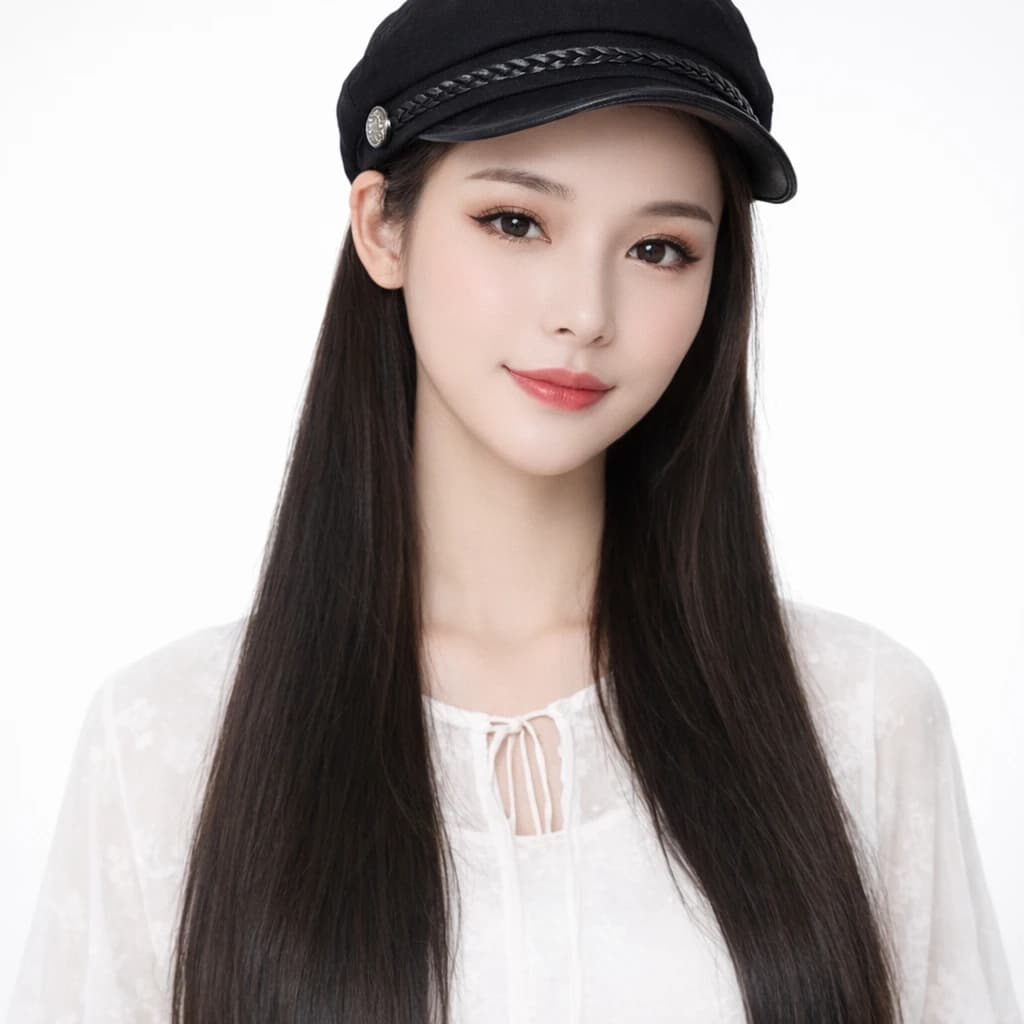 Newsboy hat for women black fashion design with leather brim and braided detail,