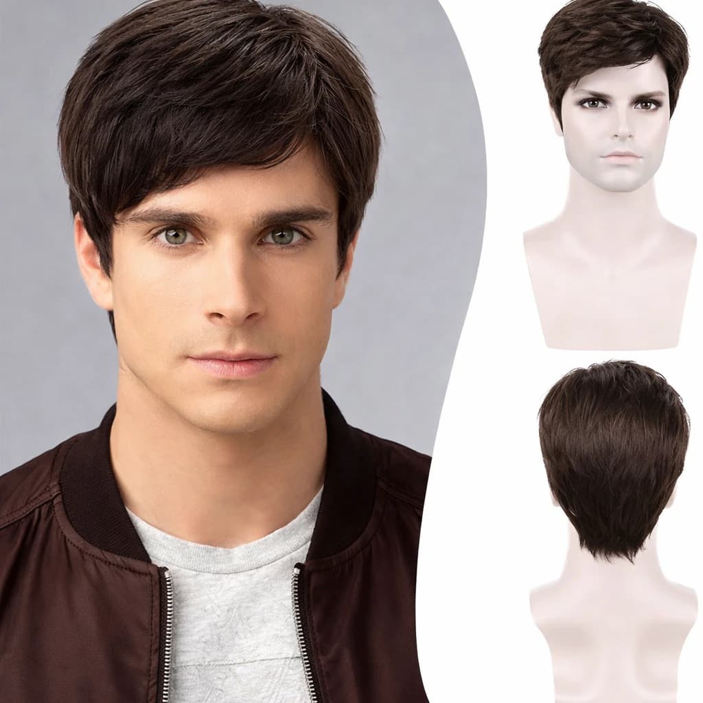 Short wig for men dark brown synthetic hair classic stylish hairstyle.