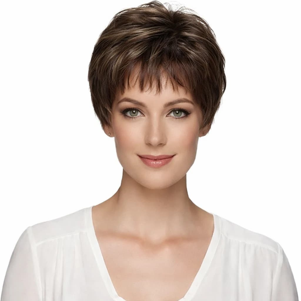 Short wigs for women brown with bangs pixie style natural looking.